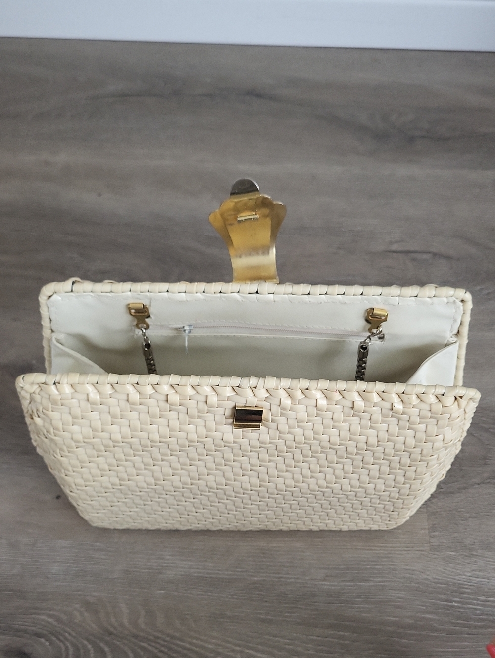Vintage 90s Does 1950s Woven Cream Clamshell Clutch Bag - Picture 9 of 15